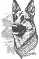 German shepherd saying "diabetes" American flag mountain scene tattoo design idea