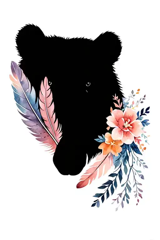 grizzly bear with feathers and flowers wrapped tattoo design idea