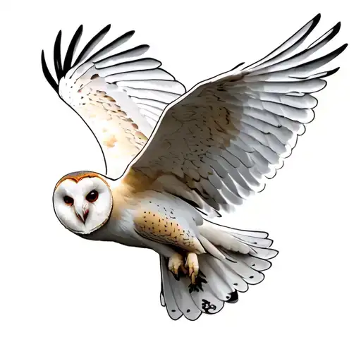 a semi realistic and anatomically correct  tattoo design of a white barn owl in flight shown from a 3/4 perspective tattoo design idea