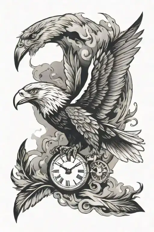Eagle flying with smoke and a clock with feathers falling tattoo design idea