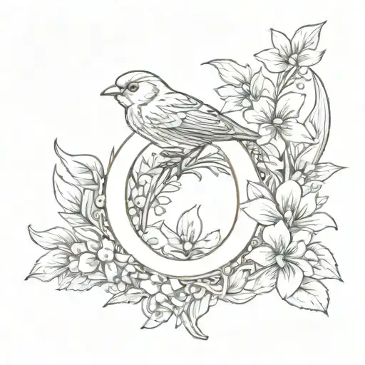 letter O with 1934, a canary and lilac flowers tattoo design idea