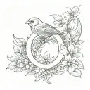 letter O with 1934, a canary and lilac flowers tattoo design idea