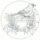 letter O with 1934, a canary and lilac flowers tattoo design idea