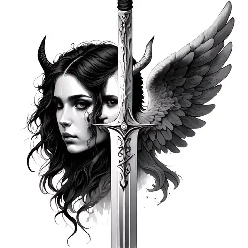 A woman's face. The left side of the woman's face is a devil. The right side is an angel. A sword in the middle of the face. tattoo design idea
