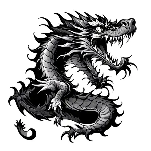 japanese angry dragon on forearm black and white tattoo design idea