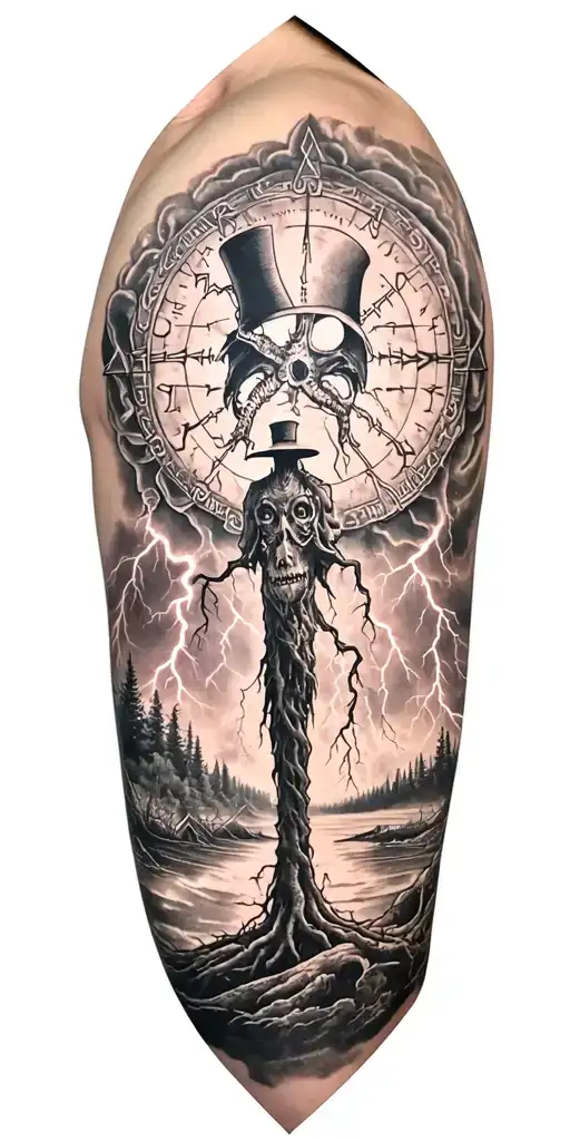 vegvisir and rume and norway nature and ygdrasil and whole sleeve and lightning storm and voodoo doll with cylinder hat tattoo design idea