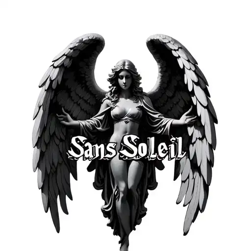 gothic angel statue dark the words " Sans Soleil" tattoo design idea