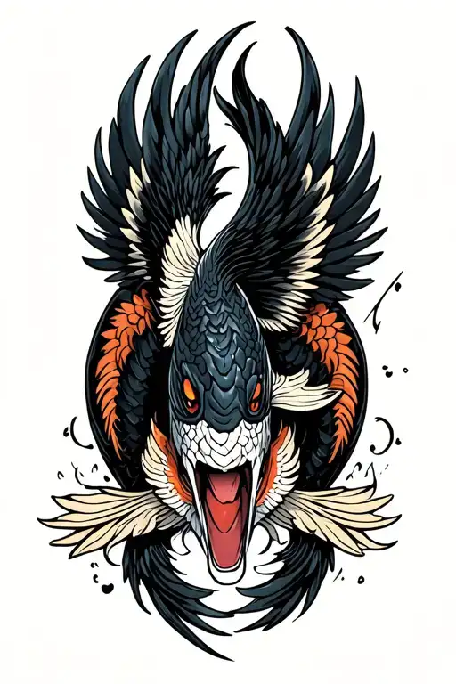 black koi head with phoenix wings tattoo design idea