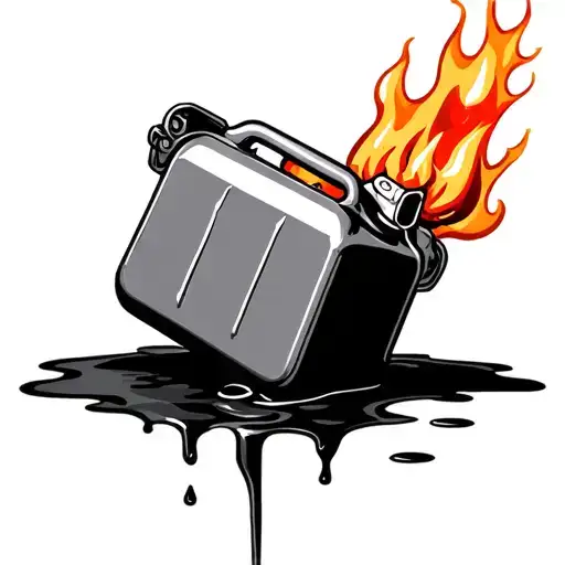 tiped over jerry can with puddle of gas on fire tattoo design idea