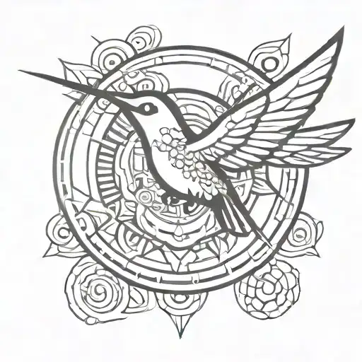 Aztec Hummingbird flying away holding Aztec calendar tattoo design idea
