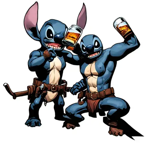 stitch with deadpool, the two together drinking whiskey tattoo design idea