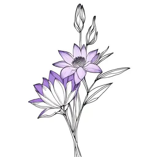 violet, water lily, and gladiolus, tiny minimalist fine line bouquet tattoo design idea