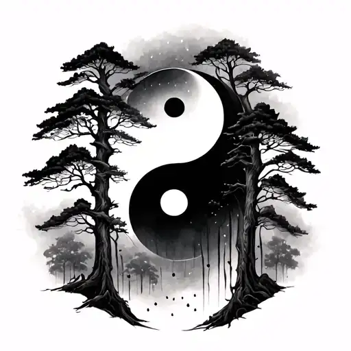 Yin yang forest trees tattoo design idea