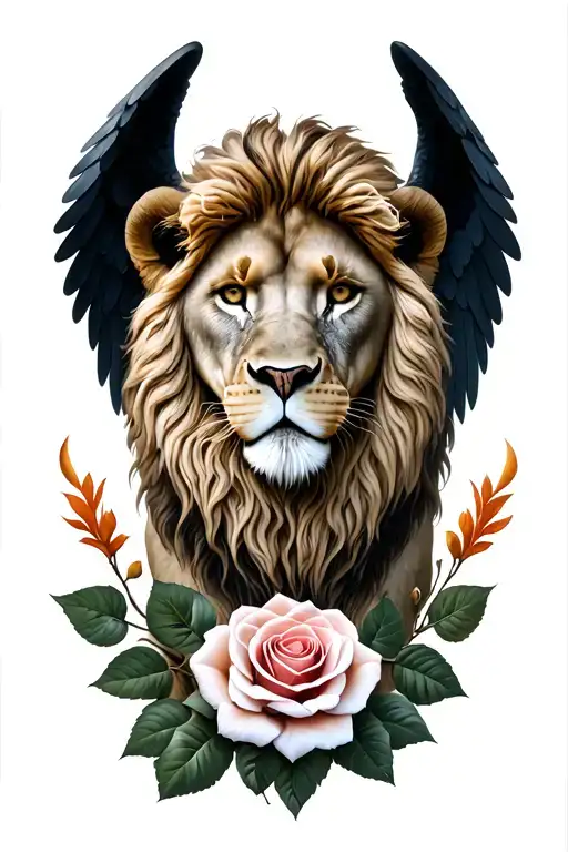 lion head surrounded by angel wings and a rose below the lions head  tattoo design idea