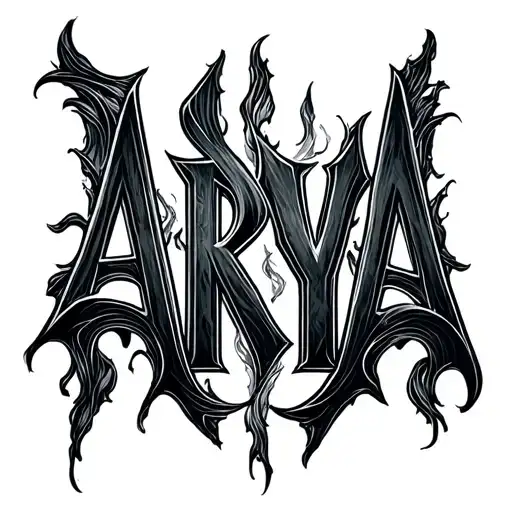 Arya name with letters on top of each other with fine letters tattoo design idea