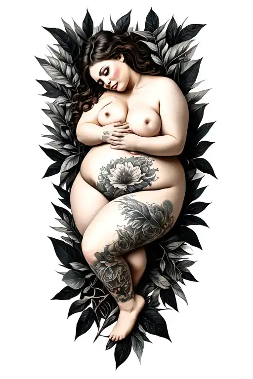 nude bbw chubby white girl frontal side laying pose in foliage black and grey tattoo design idea