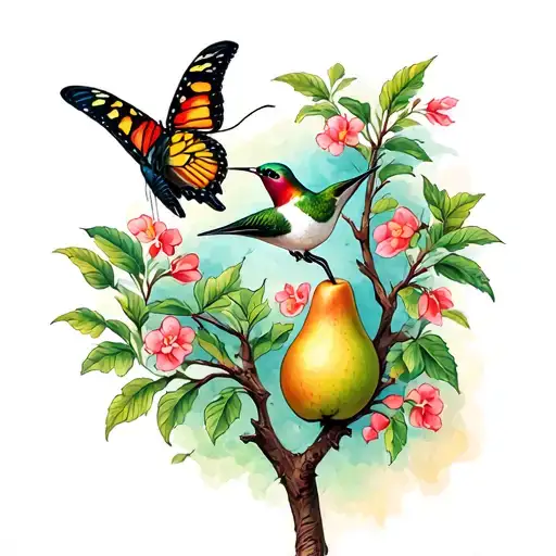 butterfly and hummingbird in pear tree tattoo design idea