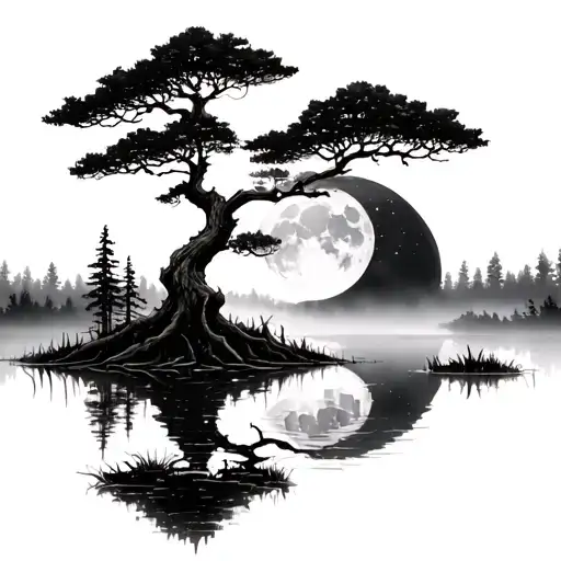 cypress tree in foggy swamp with cresent moon tattoo design idea