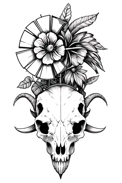 rooster , goat skull , windmill , sexy flowers tattoo design idea