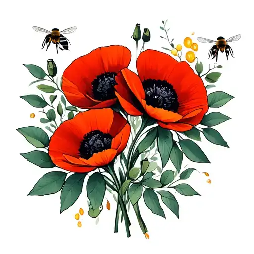 3 red poppies surrounded by eucalyptus leaves and 4 honey bees tattoo design idea
