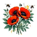 3 red poppies surrounded by eucalyptus leaves and 4 honey bees tattoo design idea