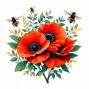 3 red poppies surrounded by eucalyptus leaves and 4 honey bees tattoo design idea
