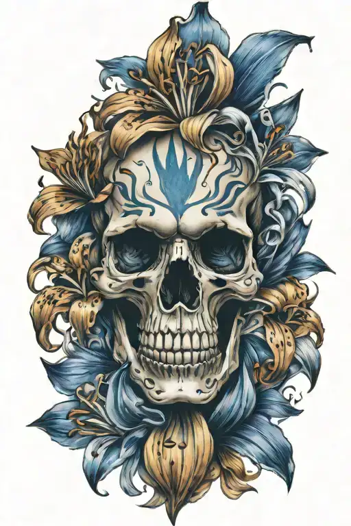skull, tiger lily, blue and white, spad flames left arm sleeve tattoo design idea