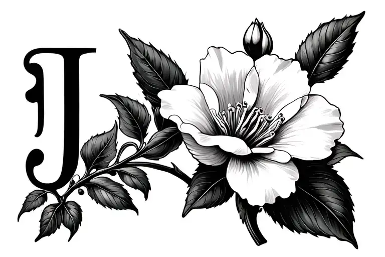Jasmine flower with stem going to cursive J black and white tattoo design idea