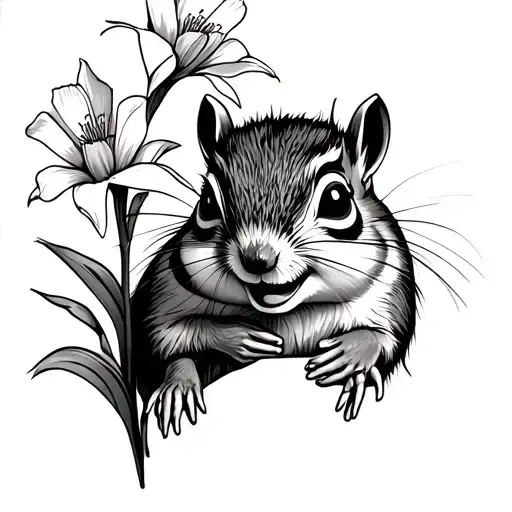smiling chipmunk holding gladiolus flower with poppy flowers behind it tattoo design idea