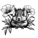 smiling chipmunk holding gladiolus flower with poppy flowers behind it tattoo design idea