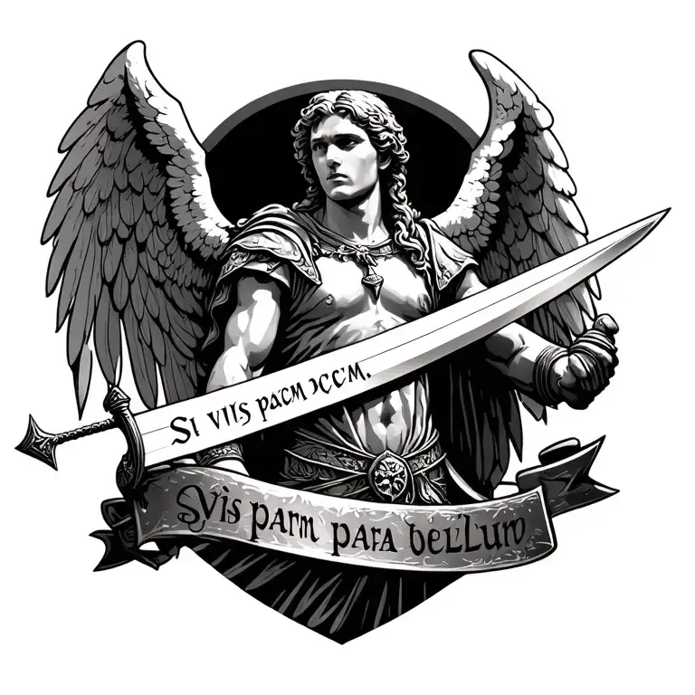 Angel warrior wielding a sword and roman quote "Si vis pacem, para bellum". Quote is going down the spine tattoo design idea