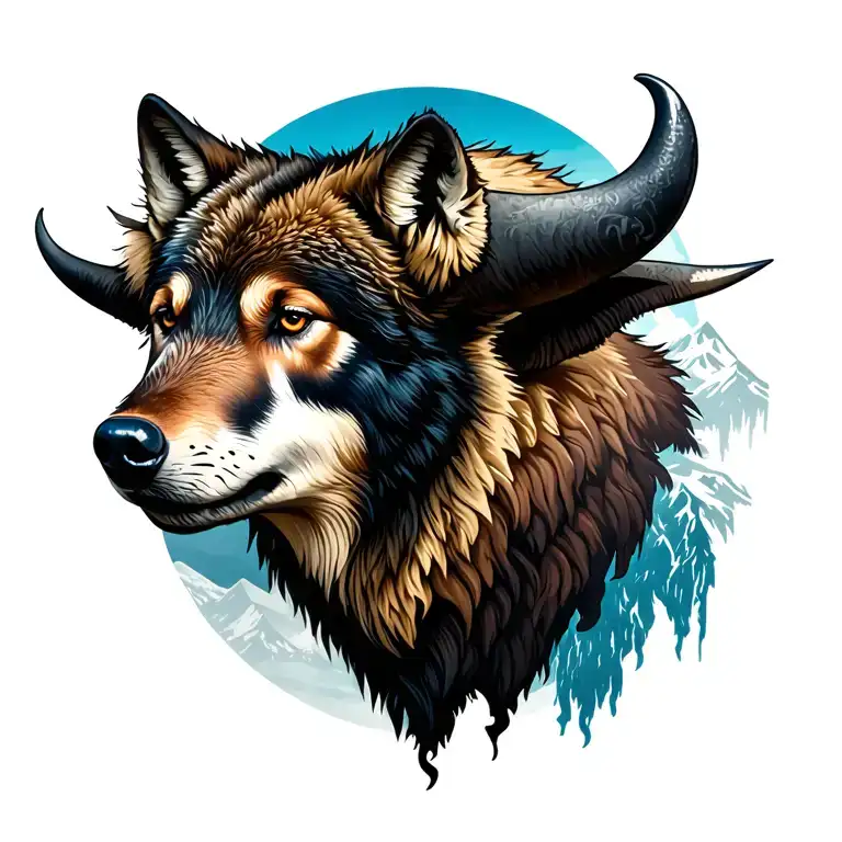 Mount Mount Mount Mountains with wolf head and bison head tattoo design idea