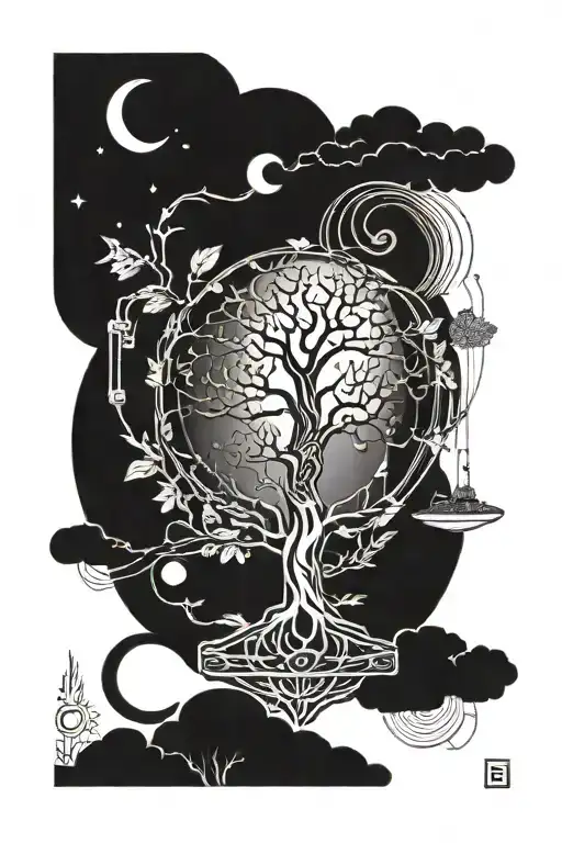 hermetic tattoo, tree of life, as above so below, alchemy, jupiter, eye of horus, lines and dots tattoo design idea