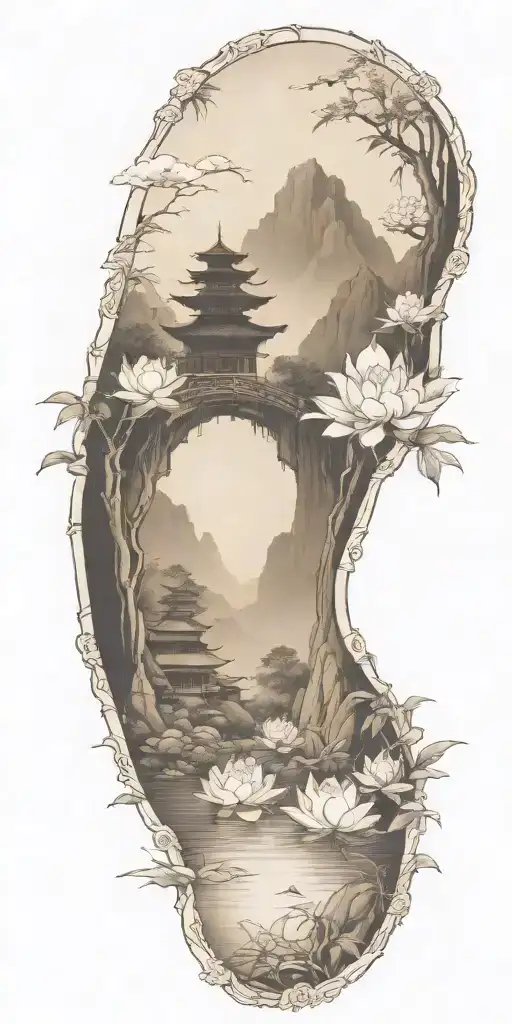 buddhist inpired tattoo focusing on scenary of nature, bamboo, water, and with lotus, koi fish, and small budda tattoo design idea