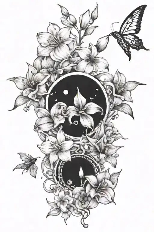 Planets with daffodils, cherry blossom flowers, calla lilies, belladonna lilies, poppys, gladiolus, asters, and morning  tattoo design idea