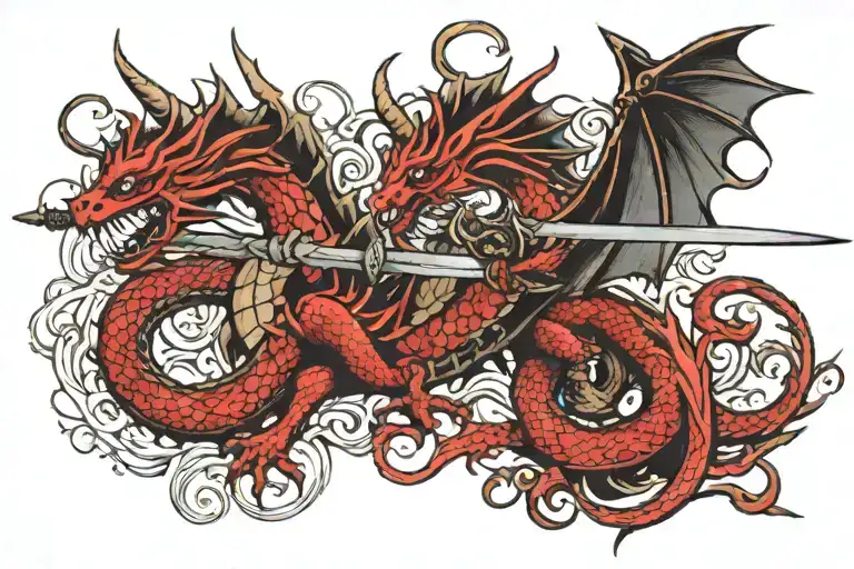 red dragon and black sword fantasy tattoo design idea