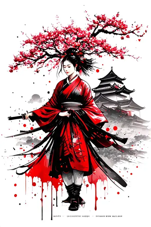 japanese lady holding samurai background castle ang sakura tree tattoo design idea