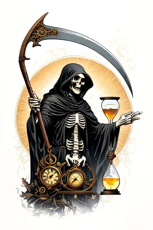 ultra realistic. skeletal grim reaper holding a scythe with a clockwork theme. hourglass in other hand outstretched. tattoo design idea