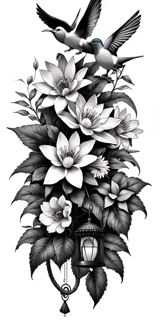 violet, narcissus, water lily, morning glory with 2 doves 1 hummingbird 1 wind chime and 1 rope tattoo design idea