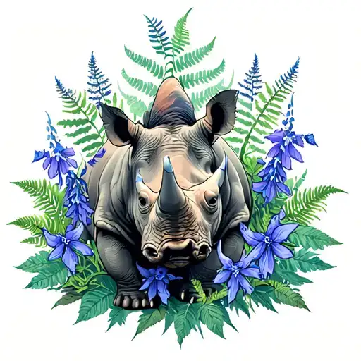 Rhinoceros with larkspur and ferns tattoo design idea