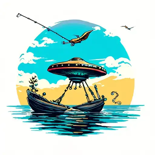 flying saucer sweet on a fishing rod tattoo design idea