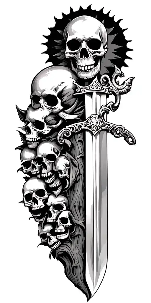 The sun is on the hog and on the log of the mesh the rest of the places there is a bulut of the skull and a dagger with skulls tattoo design idea