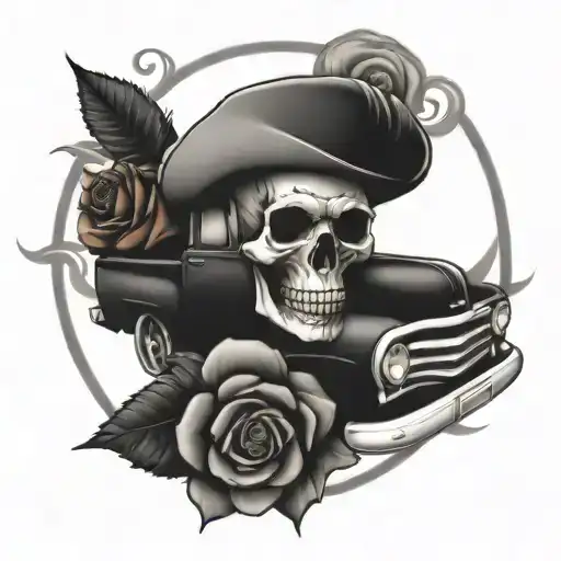 skull and roses and old truck with ford symbol made tattoo design idea