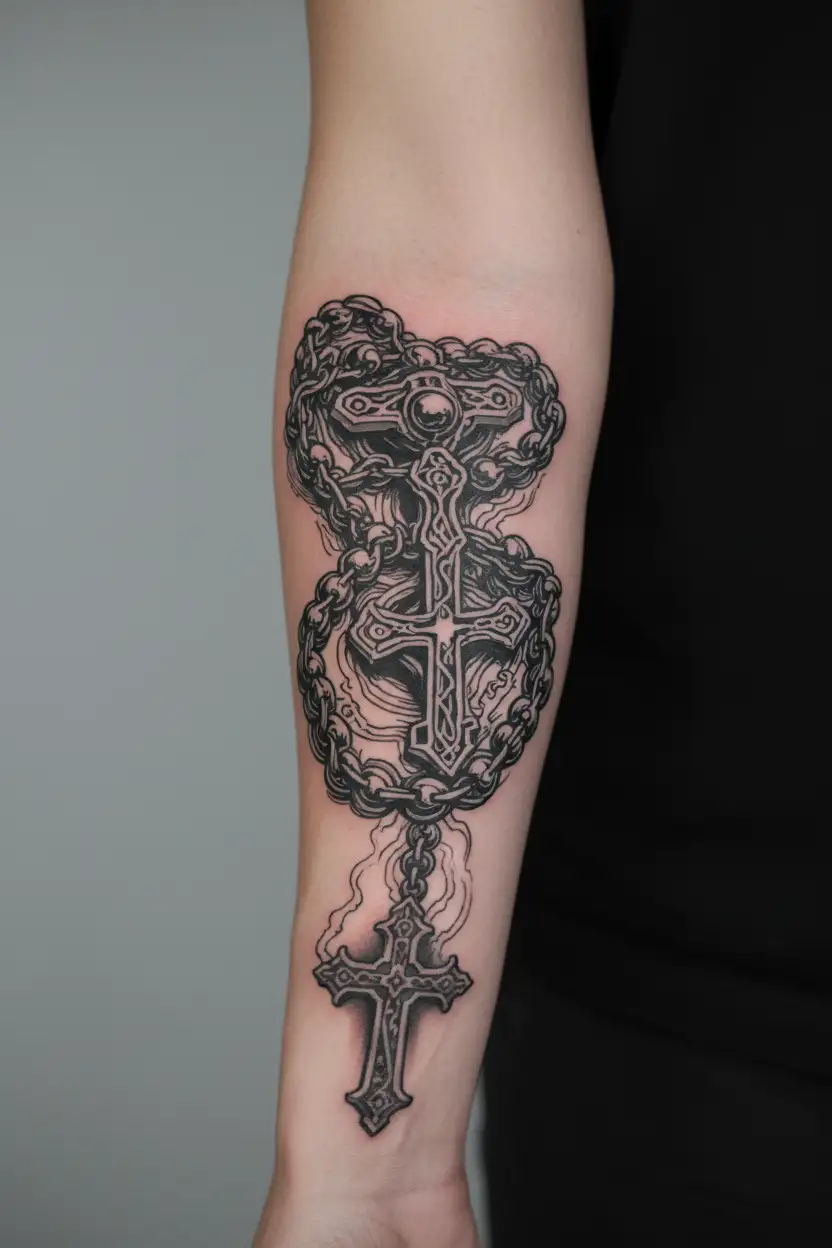 rosary with motocross chain tattoo design idea