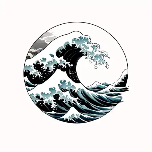 tomoe shape with great wave of kanagawa tattoo design idea