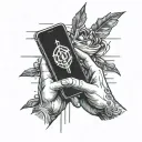 A minimalist tattoo design featuring hands holding a smartphone, with a glowing screen emitting soft neon light. Reflect tattoo design idea