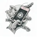 A minimalist tattoo design featuring hands holding a smartphone, with a glowing screen emitting soft neon light. Reflect tattoo design idea