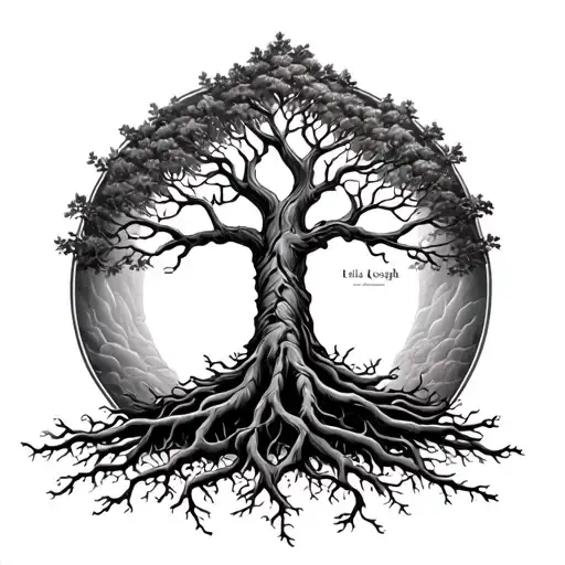 Design Layout: The Tree of Life (Foundational Structure)Roots & Base:Names "Lelia & Joseph" form intertwined roots at tattoo design idea