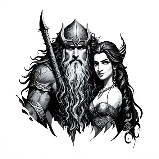 norse god with carson and tiana tattoo design idea