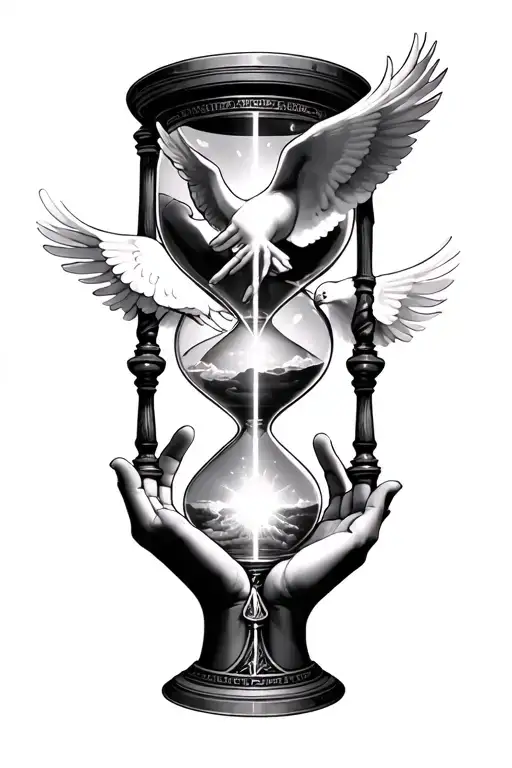 hourglass stair way to heaven reaching hands holding shining light from heaven dove tattoo design idea